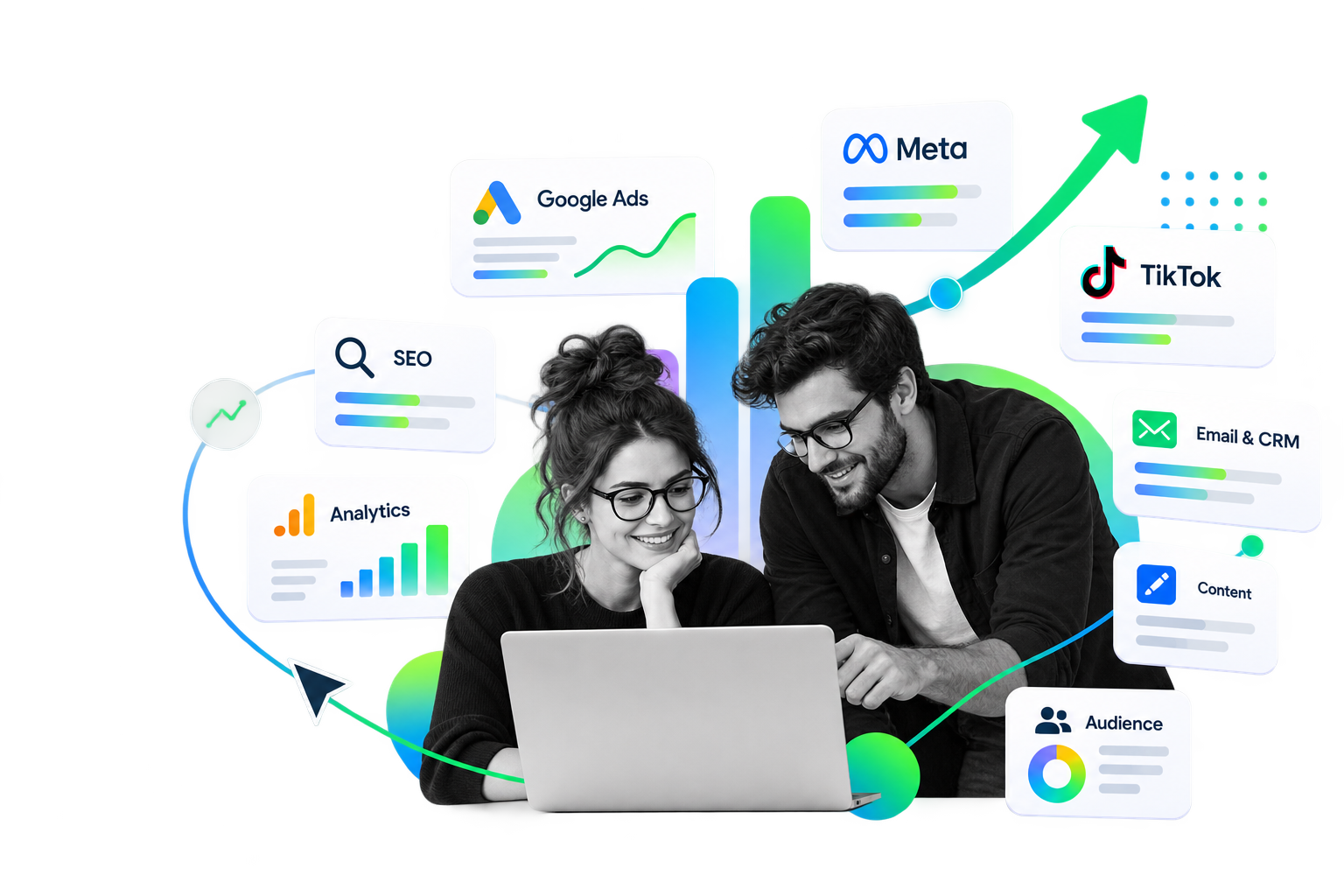 Growth and marketing channels including paid media, SEO, analytics, CRM and content